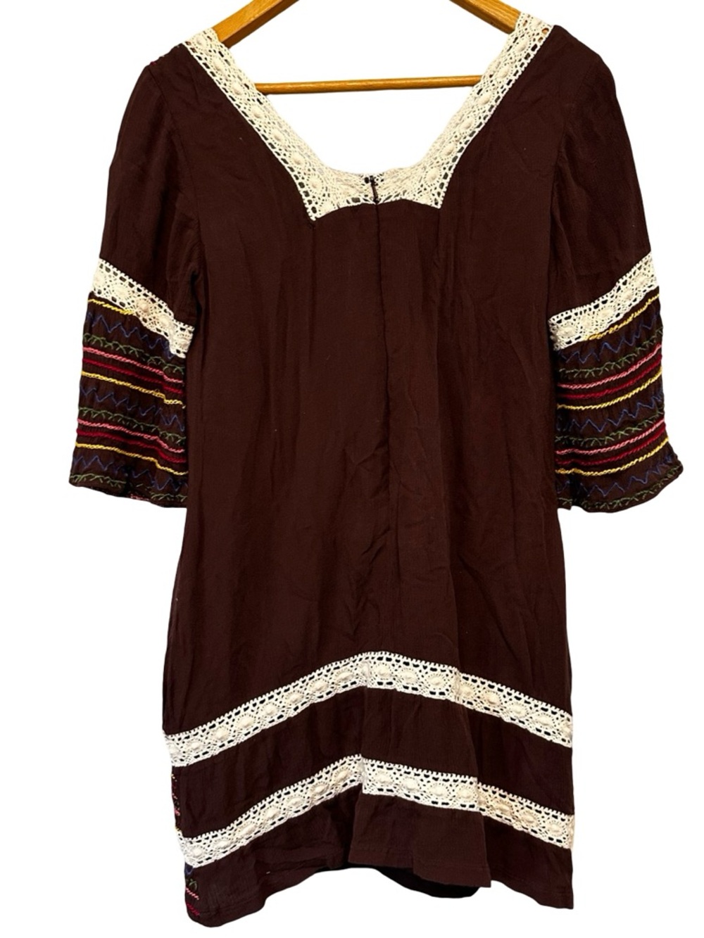 Judith March Boho Embroidered Mini Dress Sz S Brown Lace Peasant Sleeve Festival - Picture 3 of 10